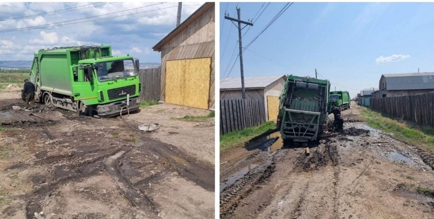 В пригороде Улан-Удэ увязли в грязи мусоровозы
